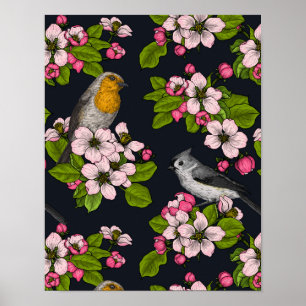 Birds and Blossoms on black Poster