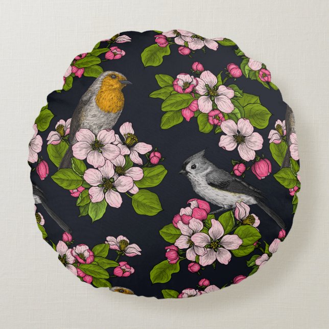Birds and Blossoms on black Round Cushion (Front)