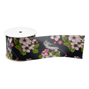 Birds and Blossoms on black Satin Ribbon