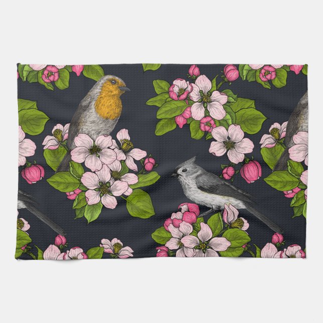 Birds and Blossoms on black Tea Towel (Horizontal)