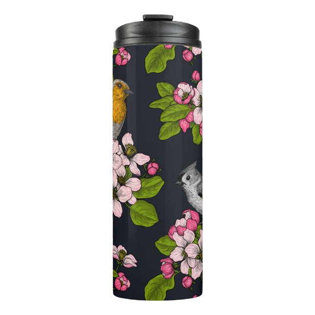 Birds and Blossoms on black Thermal Tumbler (Front)