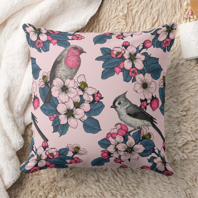Birds and Blossoms on pink Cushion (Blanket)