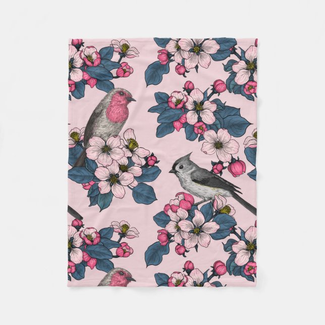 Birds and Blossoms on pink Fleece Blanket (Front)