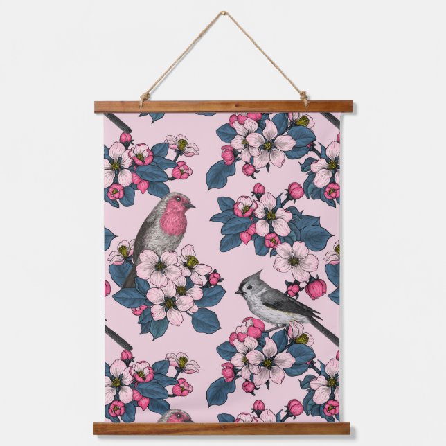 Birds and Blossoms on pink Hanging Tapestry (Front)