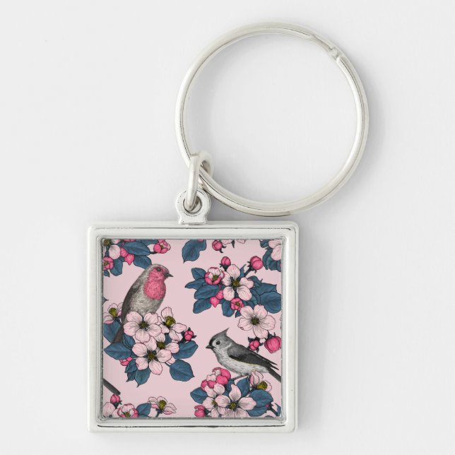 Birds and Blossoms on pink Key Ring (Front)