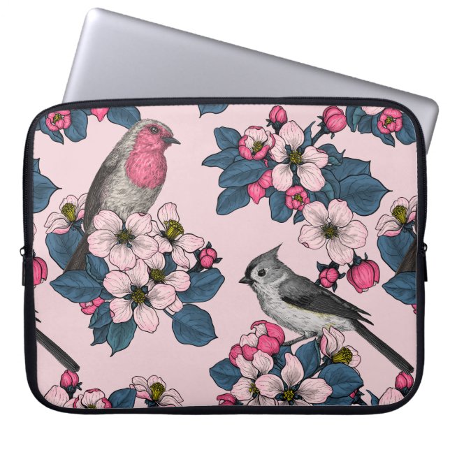 Birds and Blossoms on pink Laptop Sleeve (Front)