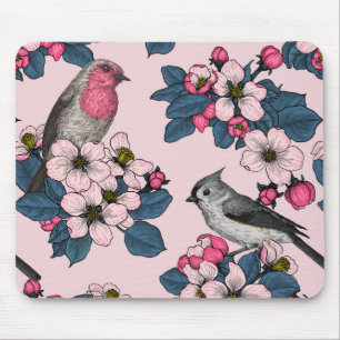 Birds and Blossoms on pink Mouse Mat