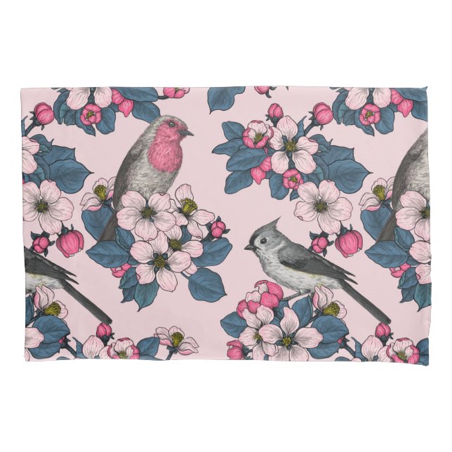 Birds and Blossoms on pink Pillowcase (Front-Left)