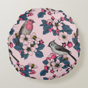 Birds and Blossoms on pink Round Cushion