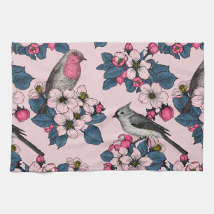 Birds and Blossoms on pink Tea Towel