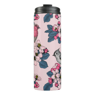 Birds and Blossoms on pink Thermal Tumbler