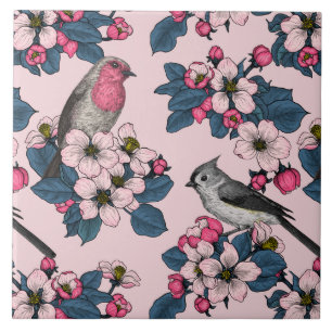 Birds and Blossoms on pink Tile