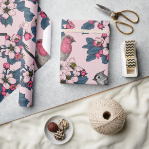 Birds and Blossoms on pink Wrapping Paper