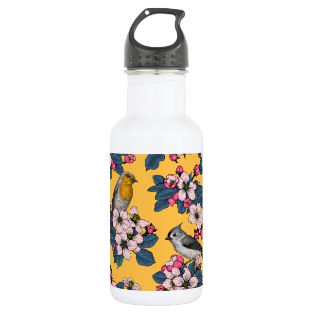 Birds and Blossoms on yellow 532 Ml Water Bottle (Front)