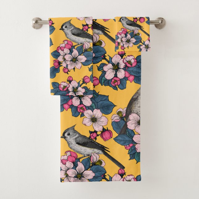 Birds and Blossoms on yellow Bath Towel Set (Insitu)