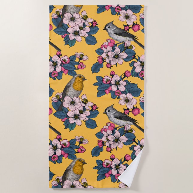 Birds and Blossoms on yellow Beach Towel (Front)