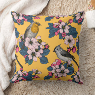 Birds and Blossoms on yellow Cushion