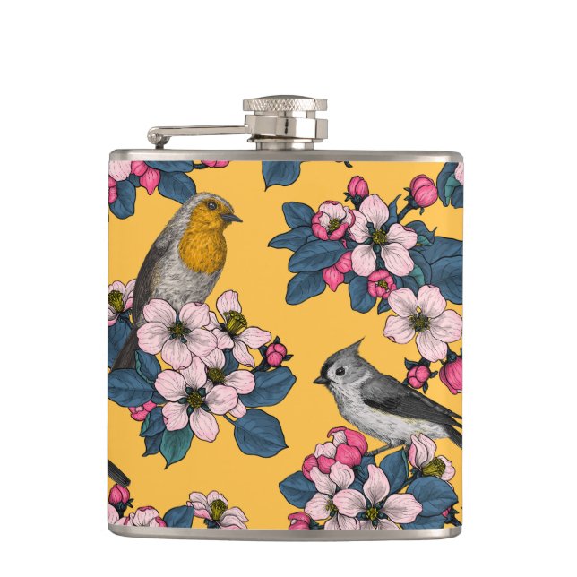 Birds and Blossoms on yellow Hip Flask (Front)