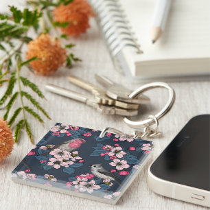 Birds and Blossoms on yellow Key Ring