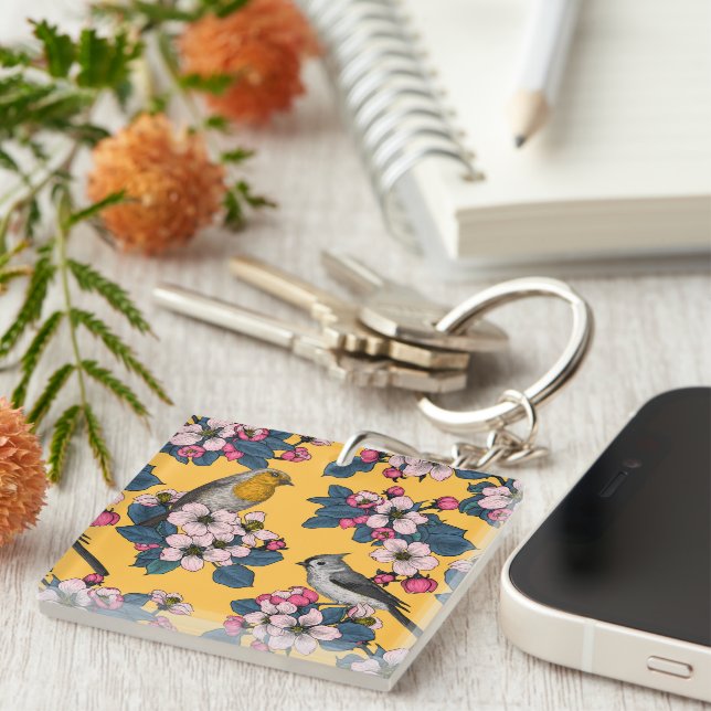 Birds and Blossoms on yellow Key Ring (Front Right)