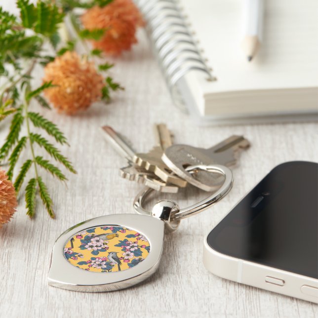 Birds and Blossoms on yellow Key Ring (Side)