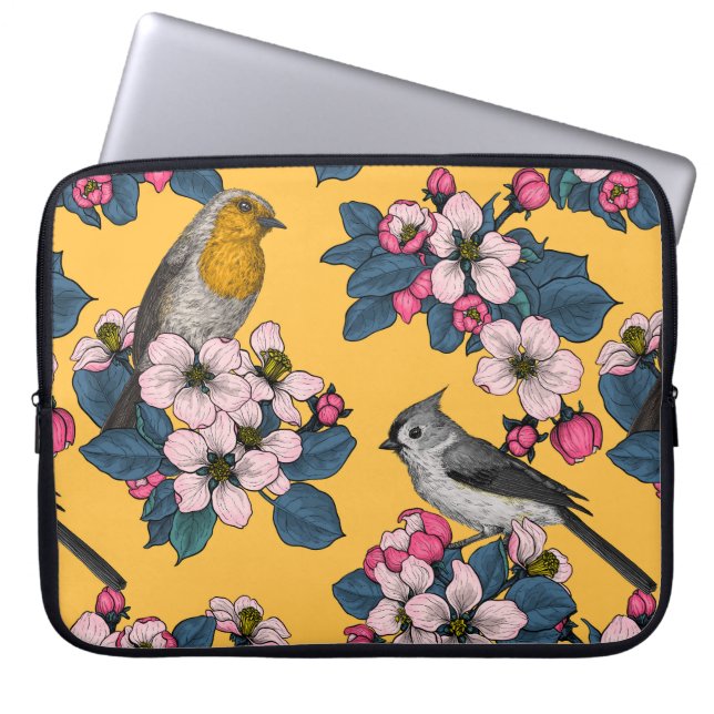 Birds and Blossoms on yellow Laptop Sleeve (Front)