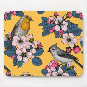 Birds and Blossoms on yellow Mouse Mat