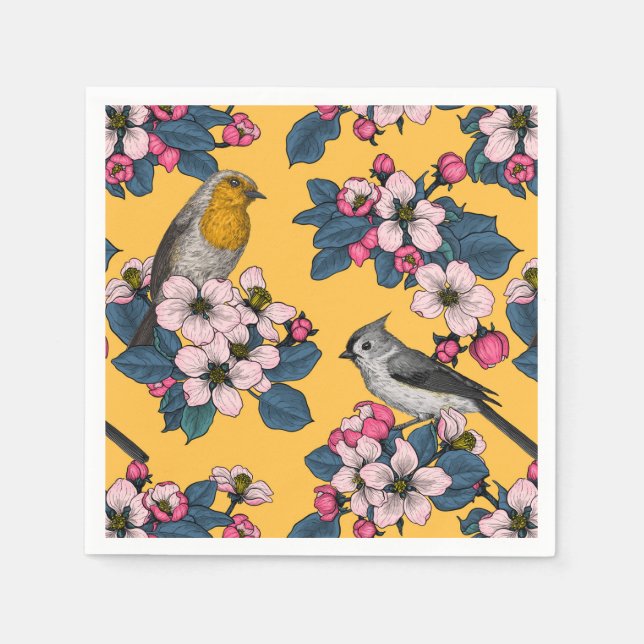 Birds and Blossoms on yellow Napkin (Front)