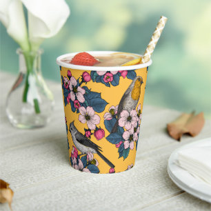 Birds and Blossoms on yellow Paper Cups