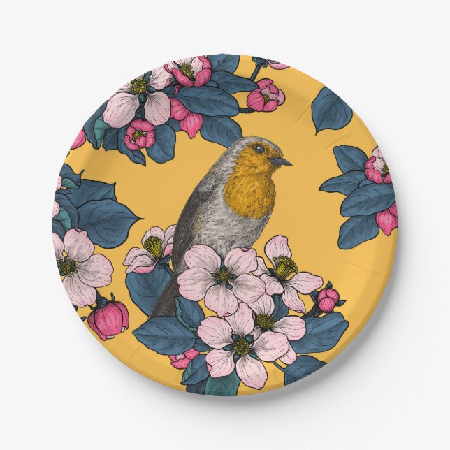 Birds and Blossoms on yellow Paper Plate (Front)