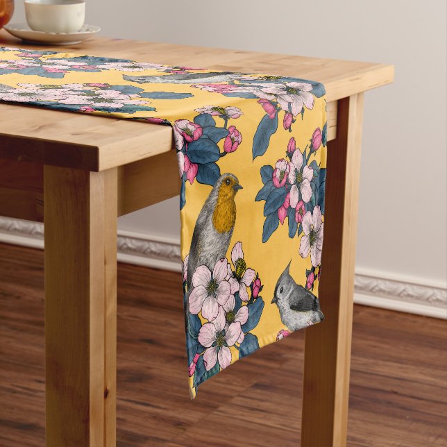 Birds and Blossoms on yellow Short Table Runner (In Situ)