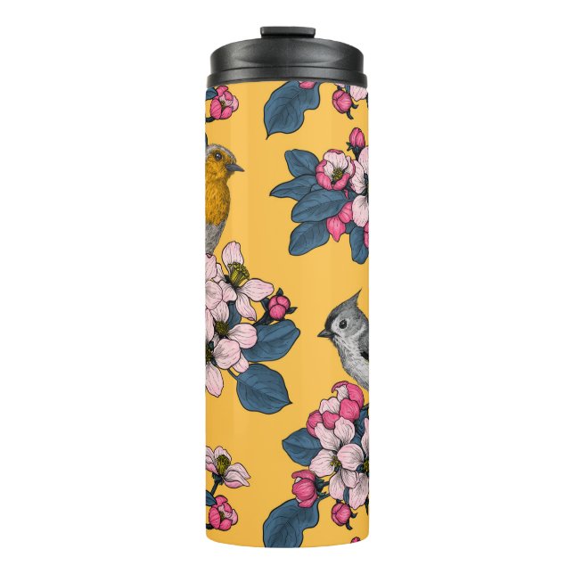 Birds and Blossoms on yellow Thermal Tumbler (Front)