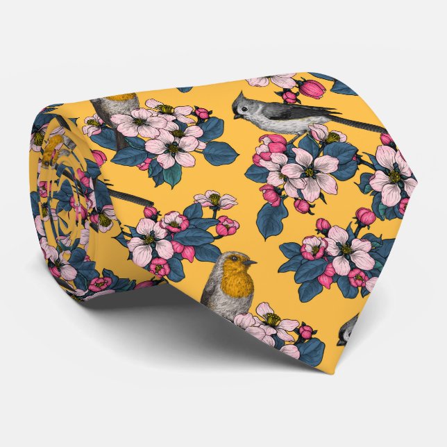 Birds and Blossoms on yellow Tie (Rolled)