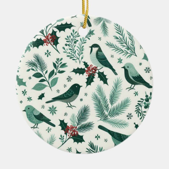  Birds and Boughs Holiday Motif Ceramic Tree Decoration (Front)