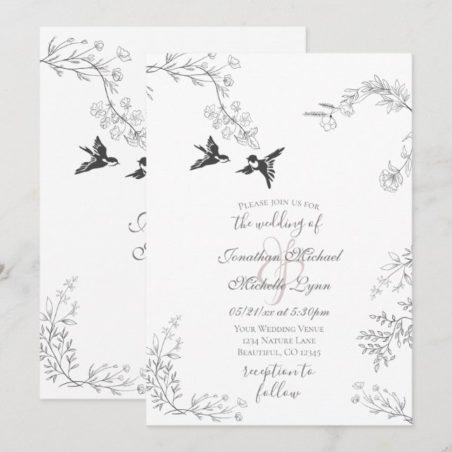 Birds and Branches Pretty Floral Garden Wedding Invitation (Front/Back)