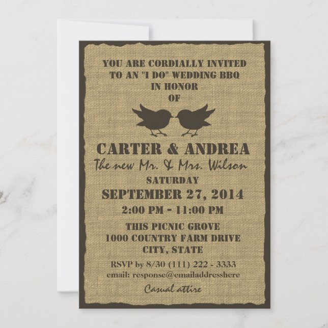 Birds and Burlap BBQ Wedding Reception Invitation (Front)