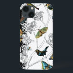 Birds and Butterfly on a Black & White Background iPhone 13 Case<br><div class="desc">Artist Chariklia Zarris is a talented painter and designer. She likes painting birds and wild animals and this picture is no exception. The vivid colours of birds and the butterflies are accentuated by the black and white branches in the background.</div>