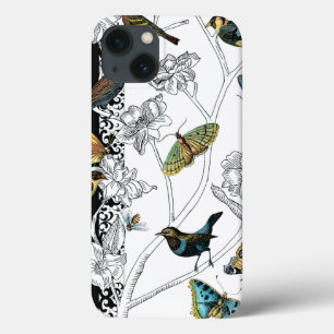 Birds and Butterfly on a Black & White Background iPhone 13 Case