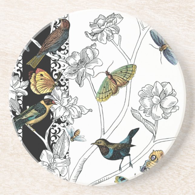 Birds and Butterfly on a Black & White Background Coaster (Front)