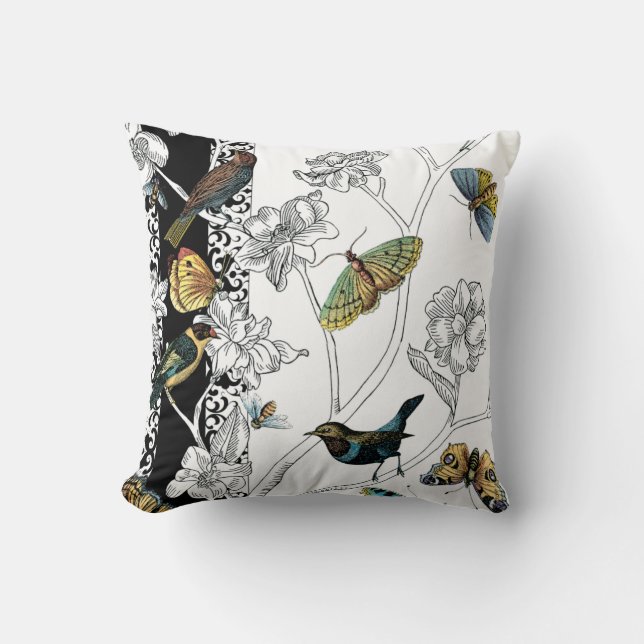 Birds and Butterfly on a Black & White Background Cushion (Front)