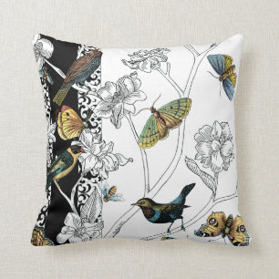 Birds and Butterfly on a Black & White Background Cushion