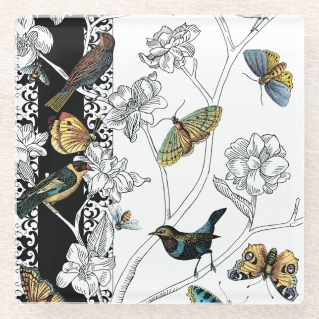 Birds and Butterfly on a Black & White Background Glass Coaster (Front)