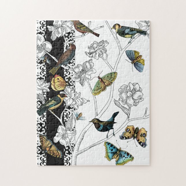 Birds and Butterfly on a Black & White Background Jigsaw Puzzle (Vertical)