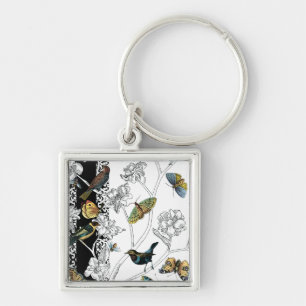 Birds and Butterfly on a Black & White Background Key Ring