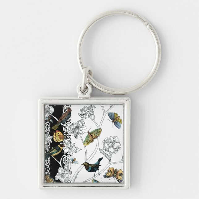 Birds and Butterfly on a Black & White Background Key Ring (Front)