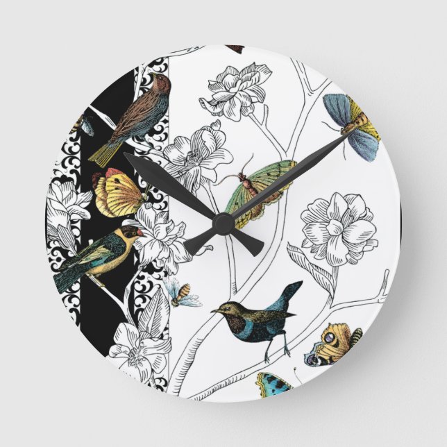 Birds and Butterfly on a Black & White Background Round Clock (Front)