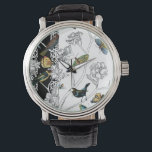 Birds and Butterfly on a Black & White Background Watch<br><div class="desc">Artist Chariklia Zarris is a talented painter and designer. She likes painting birds and wild animals and this picture is no exception. The vivid colours of birds and the butterflies are accentuated by the black and white branches in the background.</div>