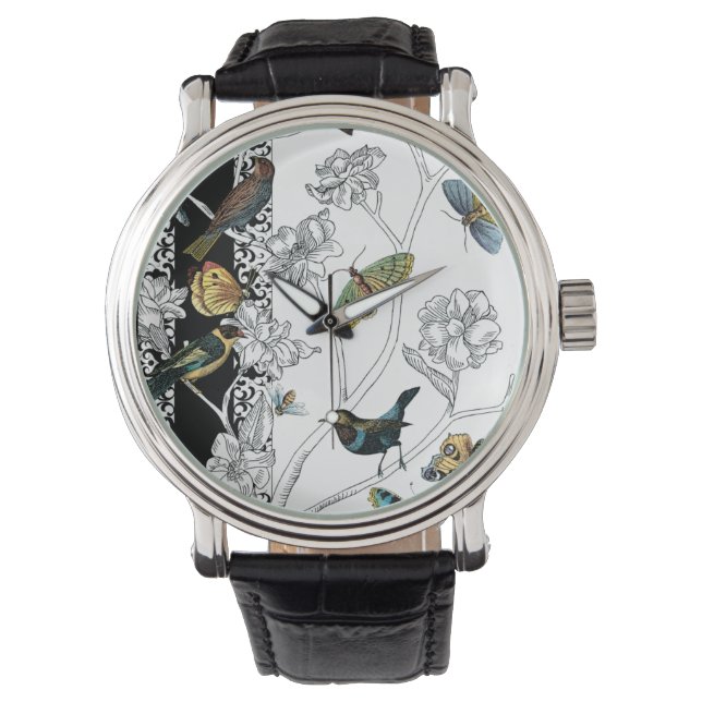 Birds and Butterfly on a Black & White Background Watch (Front)