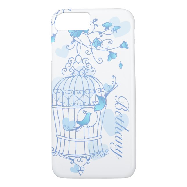 Birds and cage aqua blue name case (Back)