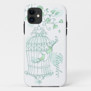 Birds and cage mint aqua green name iphone case